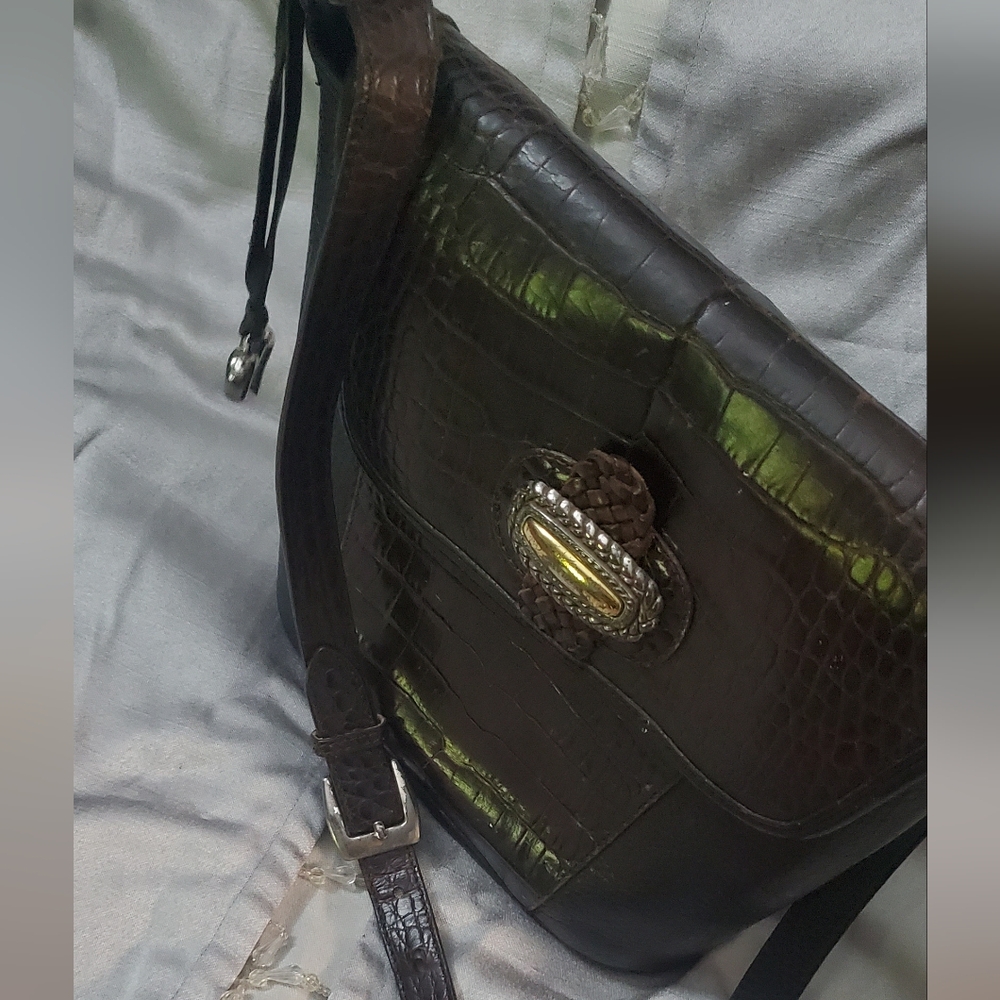 BRIGHTON Crossbody Shoulder Bag Leather Purse Black & Brown Croc Embossed 10”x9” - Picture 4 of 15